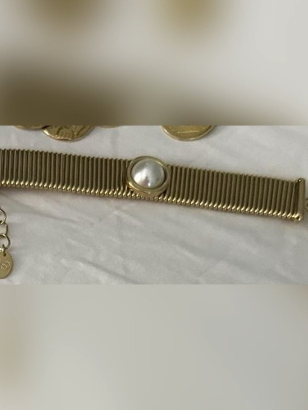 Gold Mesh Collar Necklace with Pearl Center